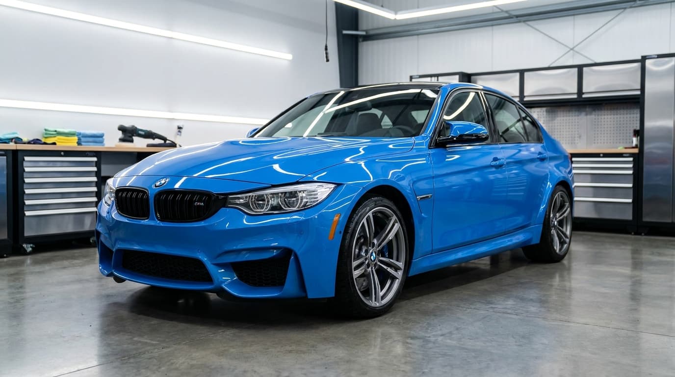 Bright-colored vehicle in reconditioning bay, representing faster readiness for inventory