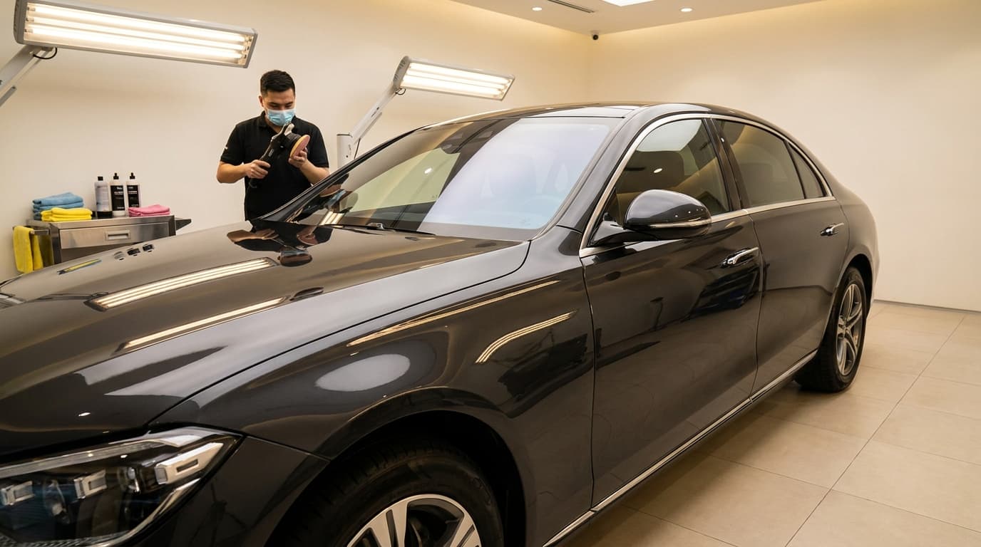 Dark luxury vehicle under repair-room lighting, representing premium paint-preserving execution