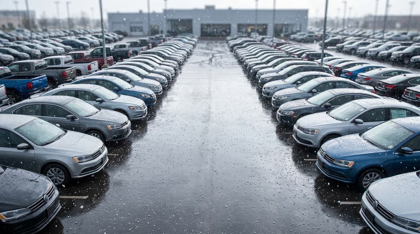 Dealership lot filled with vehicles during weather event conditions, representing high-volume hail execution