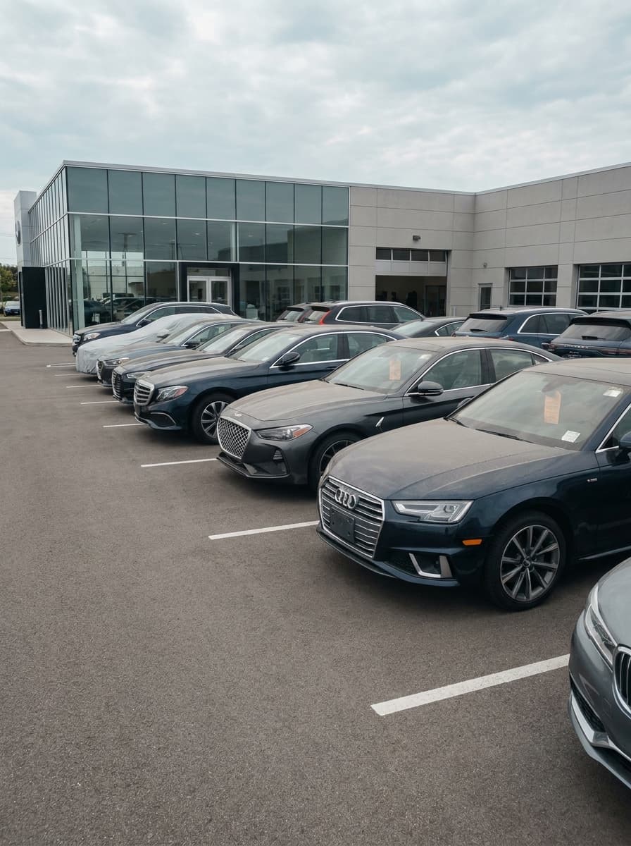 Dealership inventory parked outside showroom, illustrating capital tied up in delayed vehicle readiness
