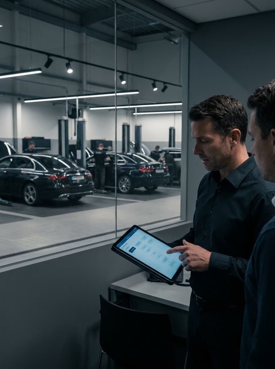 Service manager reviewing operational workflow while technicians work across the repair floor